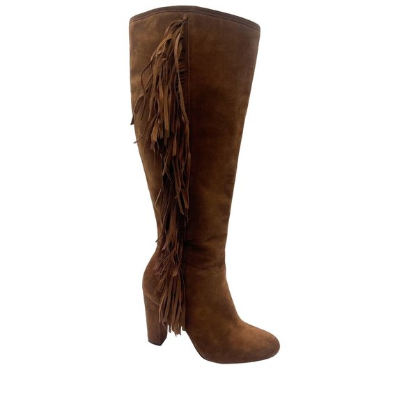 Lauren Ralph Lauren Camel Suede and Leather Fringe High Heel Boots Size 7 - Picture 4 of 11